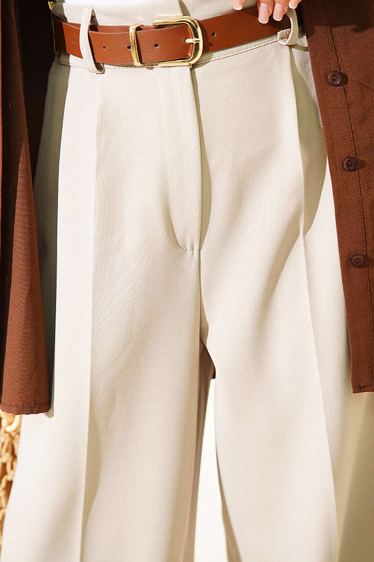Pantaloni Palazzo In Tessuto Beige Con Cintura