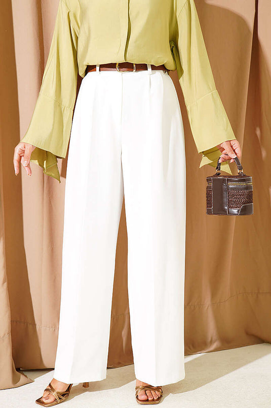 Pantalon Palazzo En Cuir Avec Ceinture Blanc