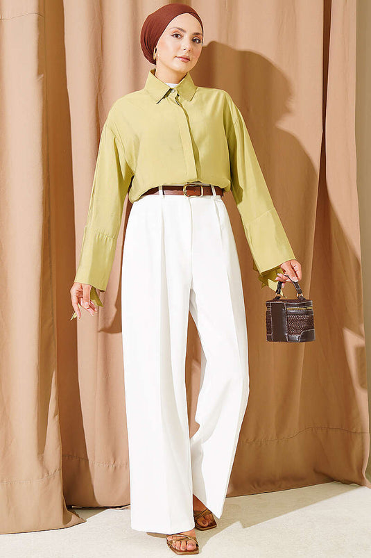 Pantalon Palazzo En Cuir Avec Ceinture Blanc