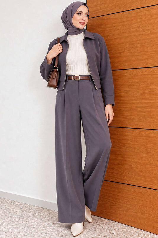 Pantalones Palazzo Con Cinturón Color Gris Humo