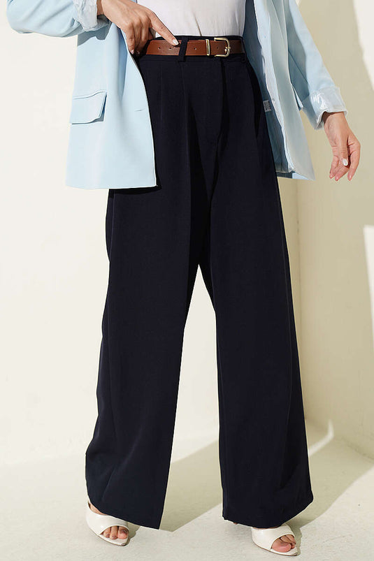 Navy Palazzo Stoffhose Mit Gürtel