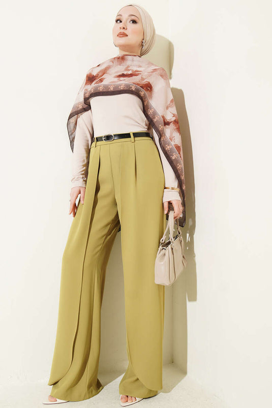 Belted Panel Detail Trousers Olive Green