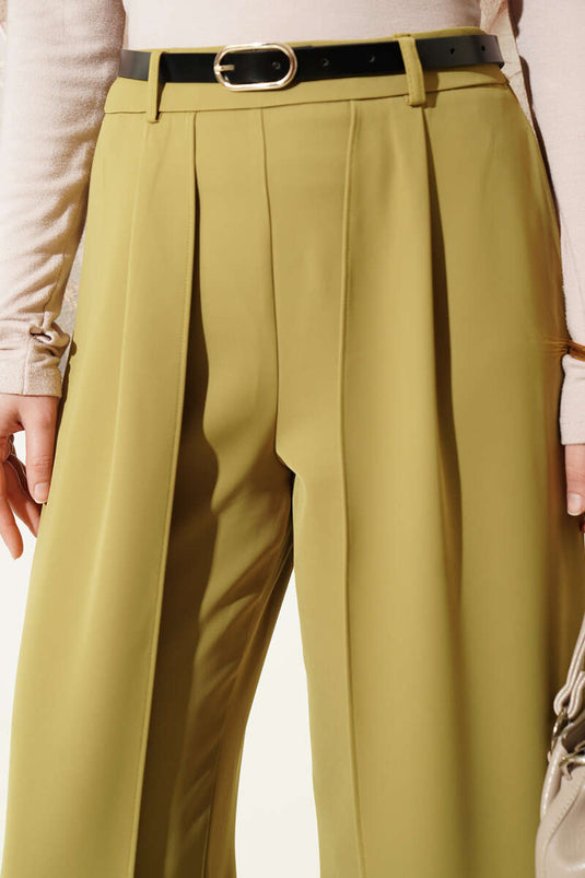 Belted Panel Detail Trousers Olive Green