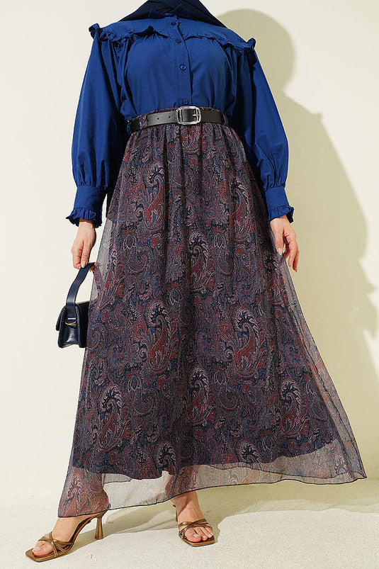 Navy Blue Chiffon Skirt with Belt and Paisley Pattern