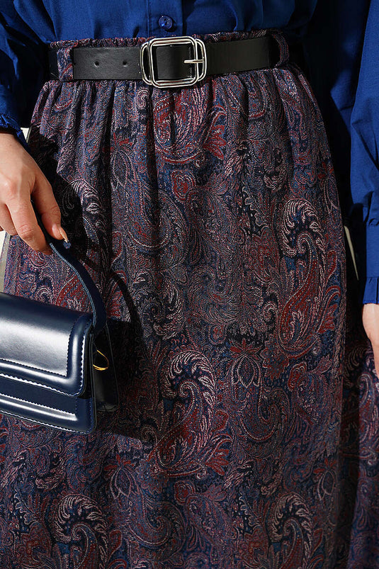 Navy Blue Chiffon Skirt with Belt and Paisley Pattern