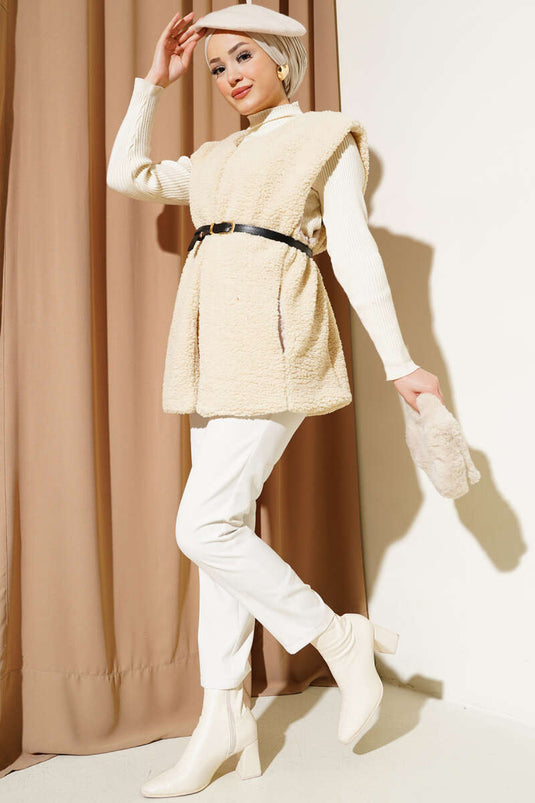 Gilet en peluche ceinturé beige