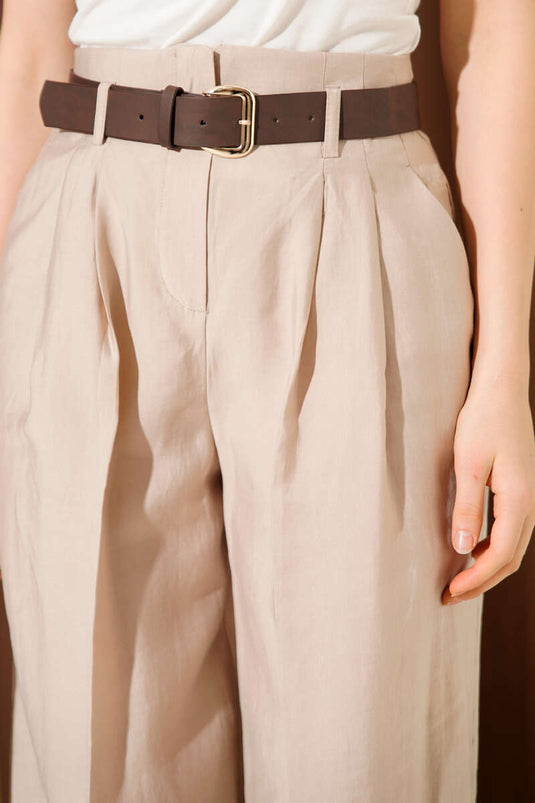 Belted Pleated Trousers Beige