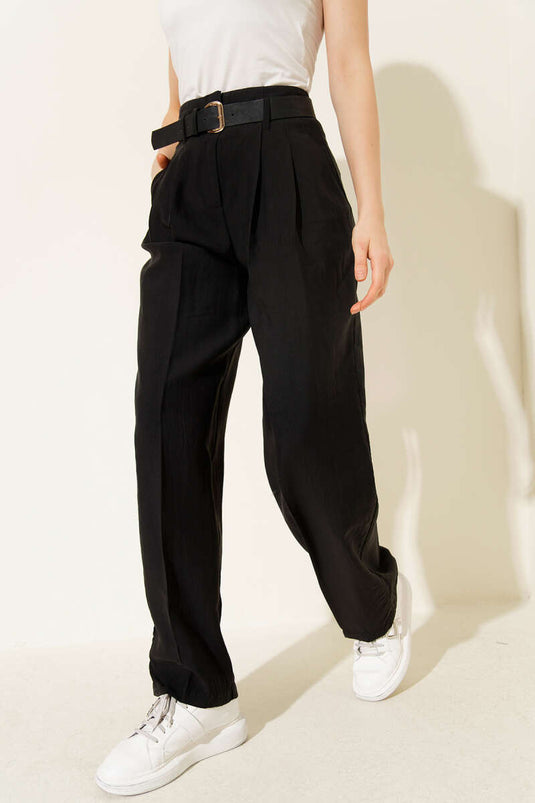 Kemerli Pensli Pantolon Siyah