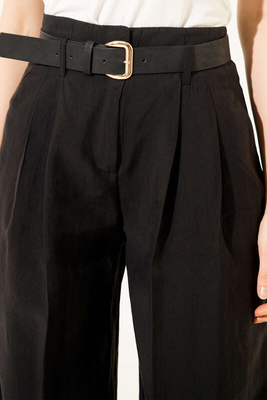 Kemerli Pensli Pantolon Siyah