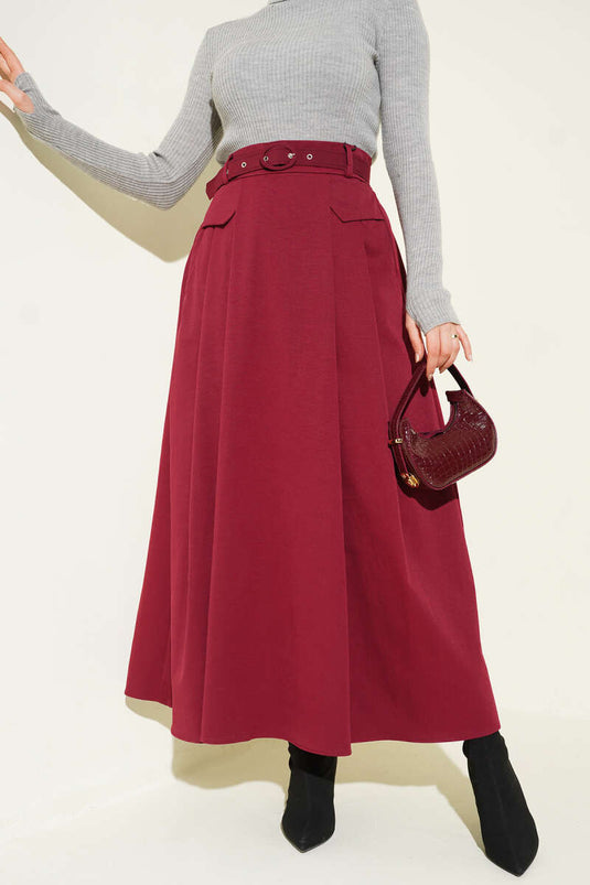 Kemerli Pile Detaylı Cepli Etek Bordo