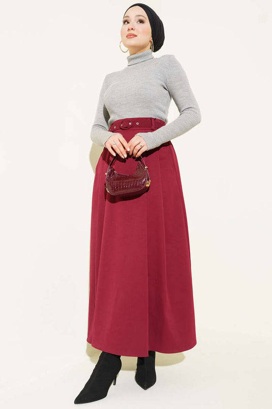 Kemerli Pile Detaylı Cepli Etek Bordo