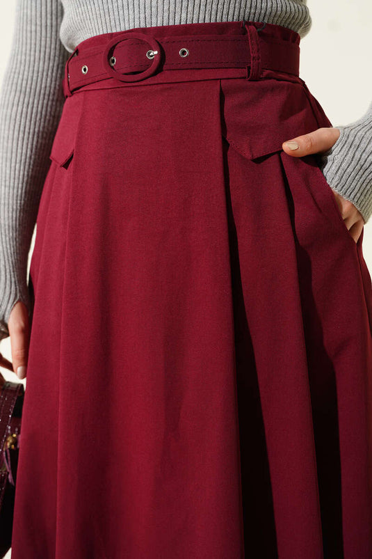 Kemerli Pile Detaylı Cepli Etek Bordo