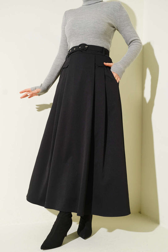 Kemerli Pile Detaylı Cepli Etek Siyah