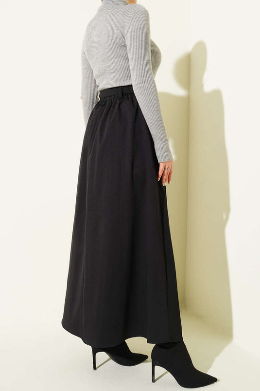 Kemerli Pile Detaylı Cepli Etek Siyah