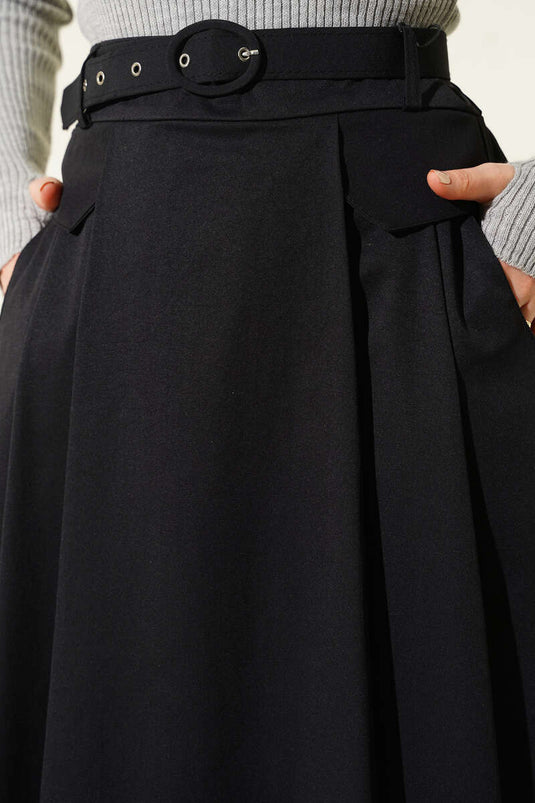 Kemerli Pile Detaylı Cepli Etek Siyah