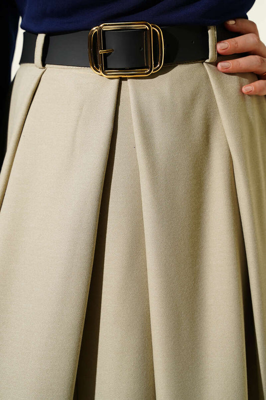 Kemerli Pile Detaylı Etek Bej