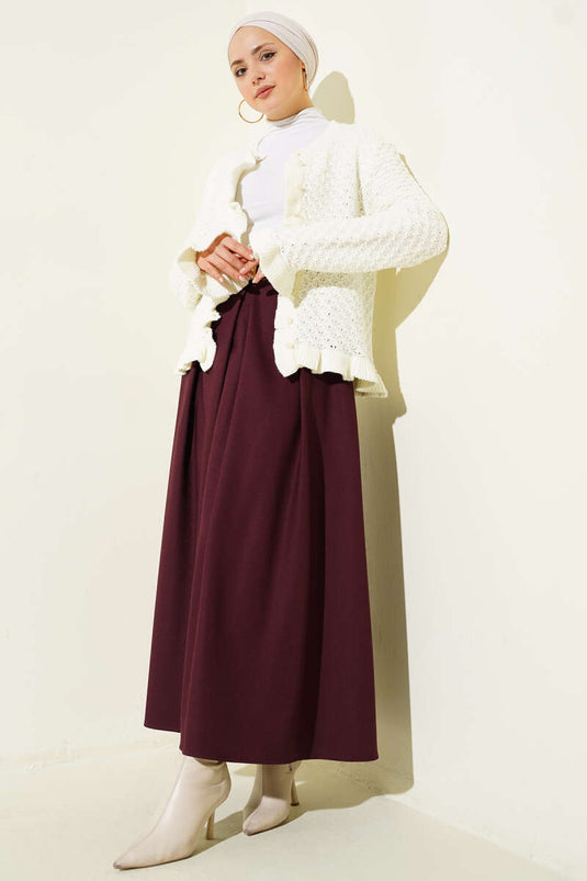 Kemerli Pile Detaylı Etek Bordo