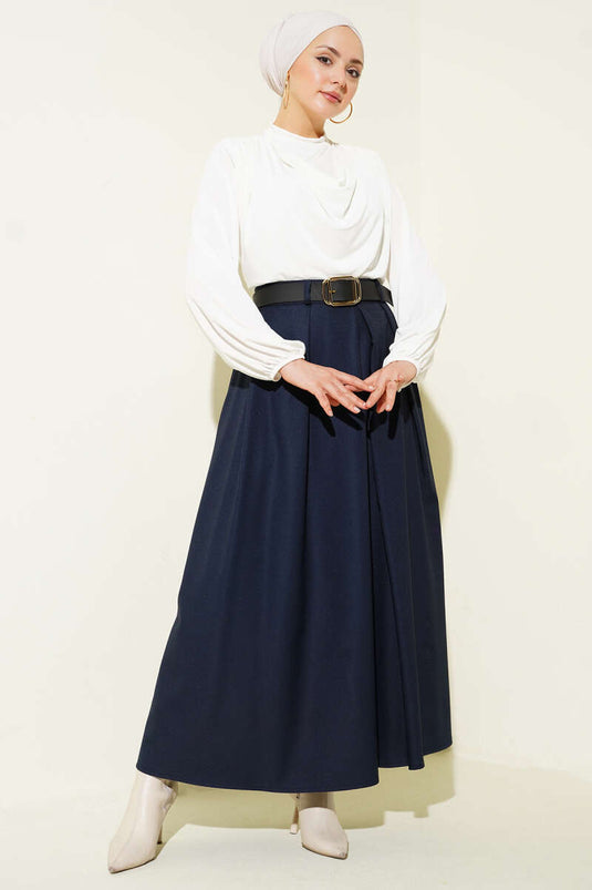 Kemerli Pile Detaylı Etek Lacivert