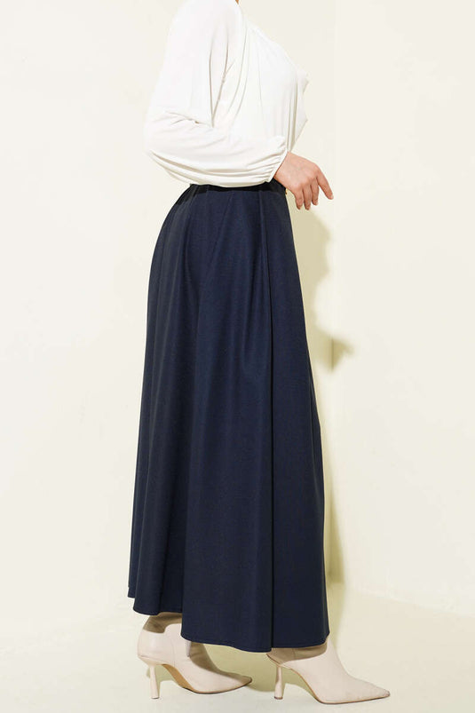 Kemerli Pile Detaylı Etek Lacivert