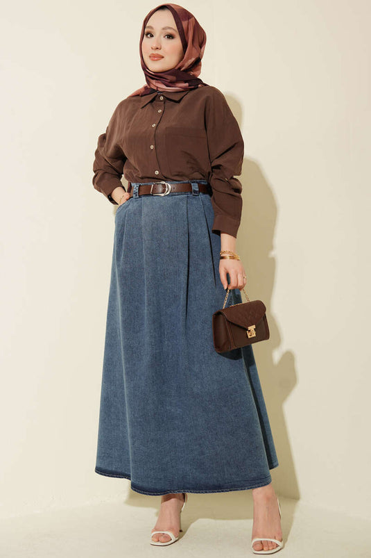 Blue Denim Skirt with Belt and Pleated Detail