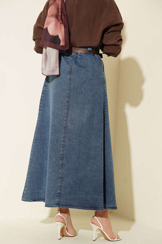 Kemerli Pile Detaylı Kot Etek Mavi