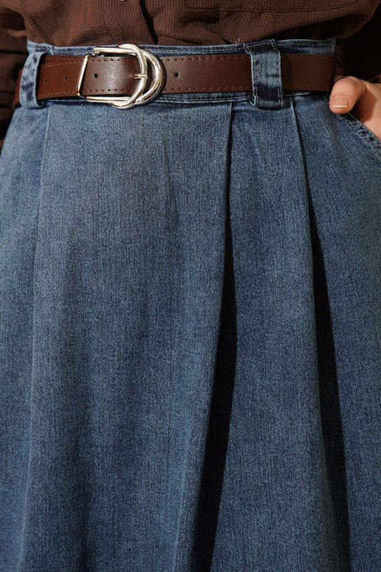 Blue Denim Skirt with Belt and Pleated Detail