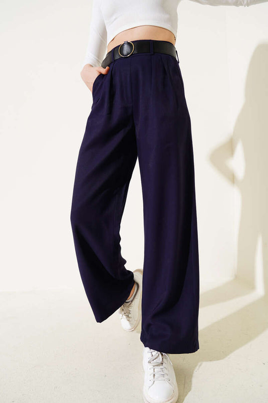 Pantalon ample plissé à ceinture bleu marine