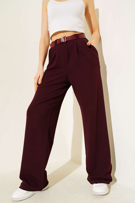 Kemerli Pileli Geniş Paça Pantolon Mürdüm