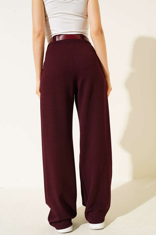 Kemerli Pileli Geniş Paça Pantolon Mürdüm