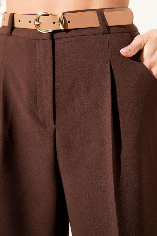 Kemerli Pileli Havuç Pantolon Kahve