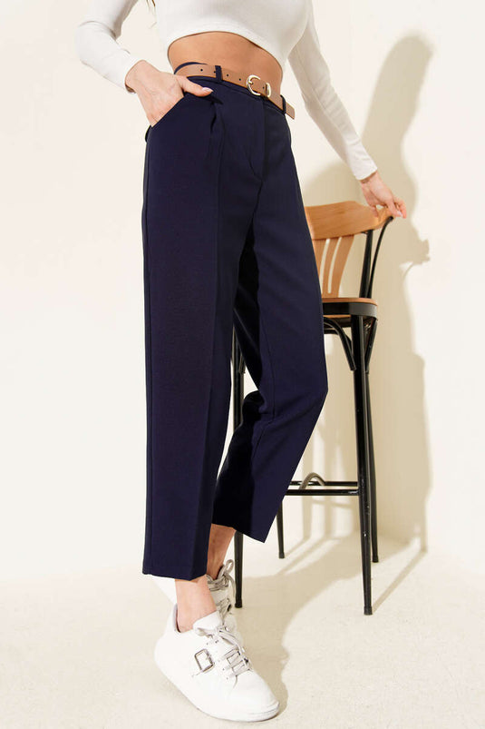 Navy Blue Pleated Tapered Pants with Belt