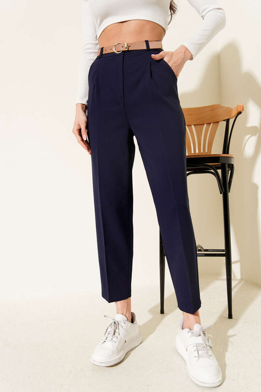 Navy Blue Pleated Tapered Pants with Belt