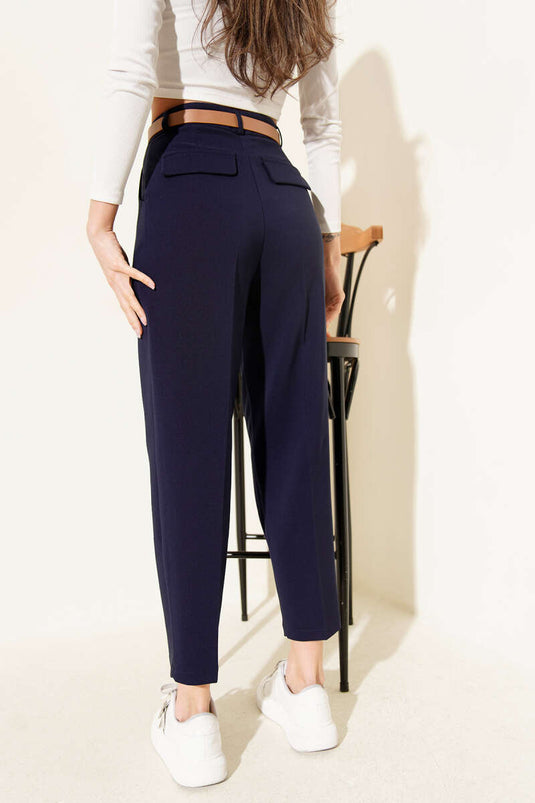 Navy Blue Pleated Tapered Pants with Belt