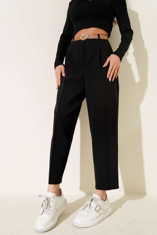 Black Pleated Tapered Trousers with Belt