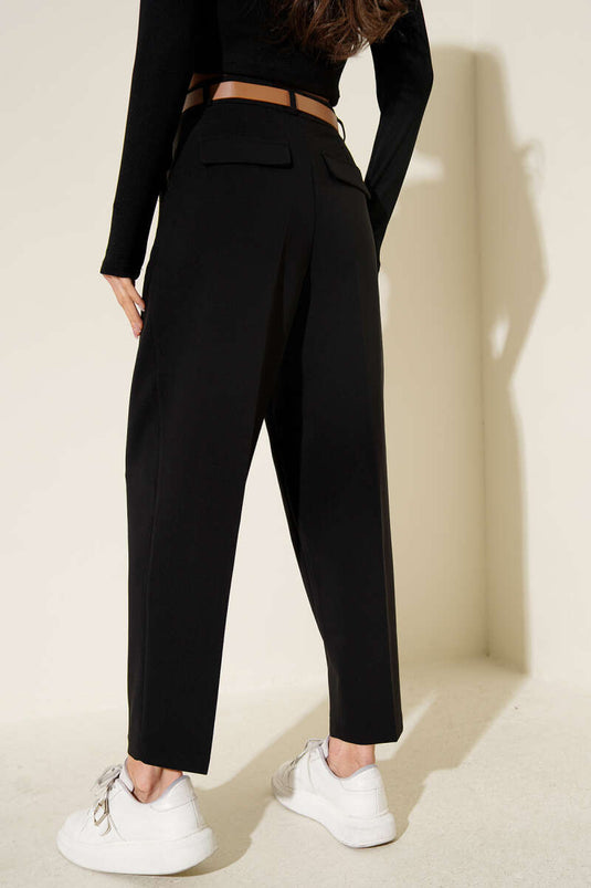 Black Pleated Tapered Trousers with Belt
