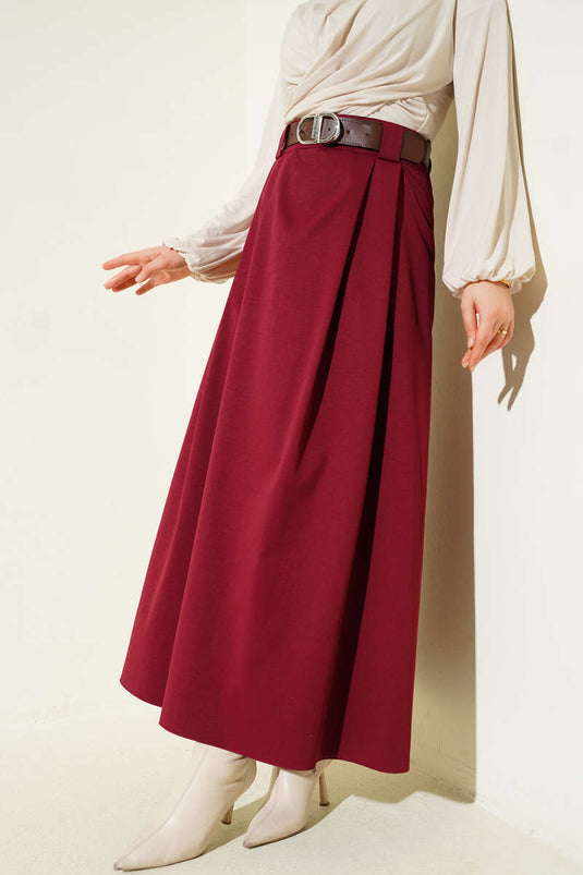 Kemerli Pileli Kloş Etek Bordo