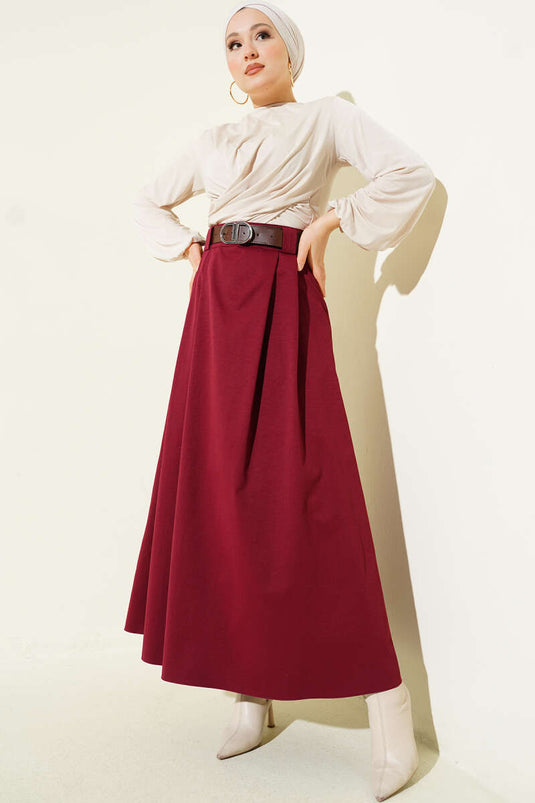 Kemerli Pileli Kloş Etek Bordo