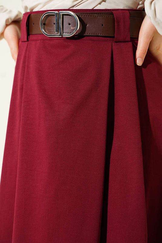 Kemerli Pileli Kloş Etek Bordo