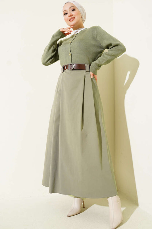Kemerli Pileli Kloş Etek Çağla Yeşili