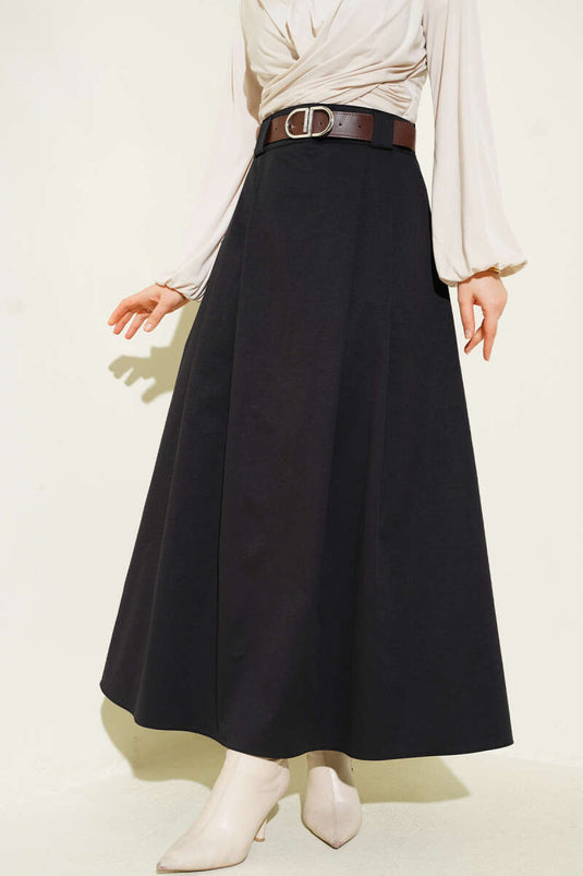 Kemerli Pileli Kloş Etek Siyah