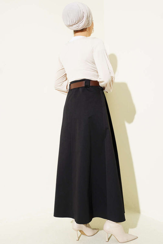 Kemerli Pileli Kloş Etek Siyah