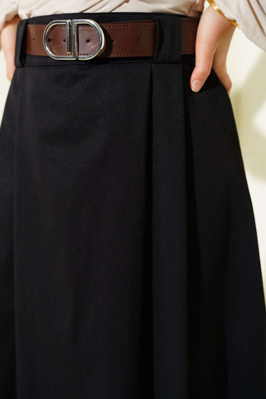 Kemerli Pileli Kloş Etek Siyah