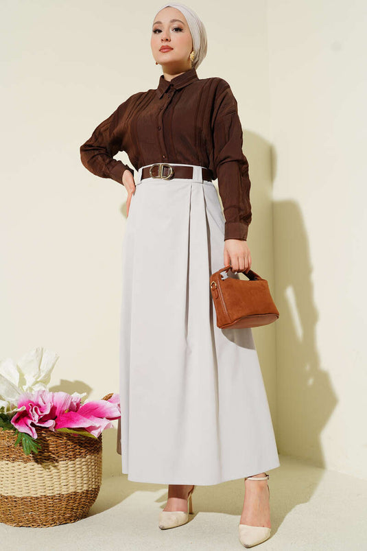 Belted Pleated Flared Skirt Stone