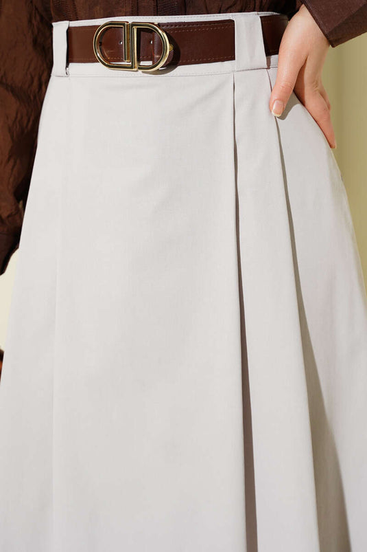 Belted Pleated Flared Skirt Stone