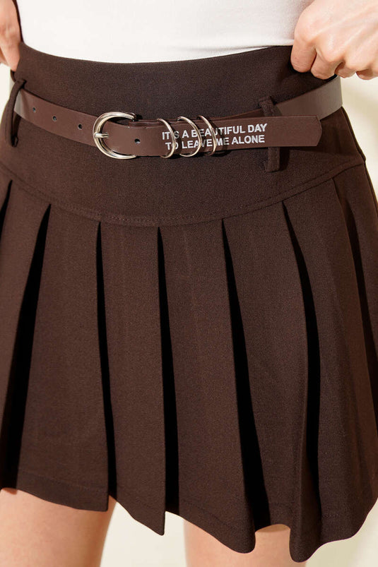 Kemerli Pileli Mini Etek Kahve