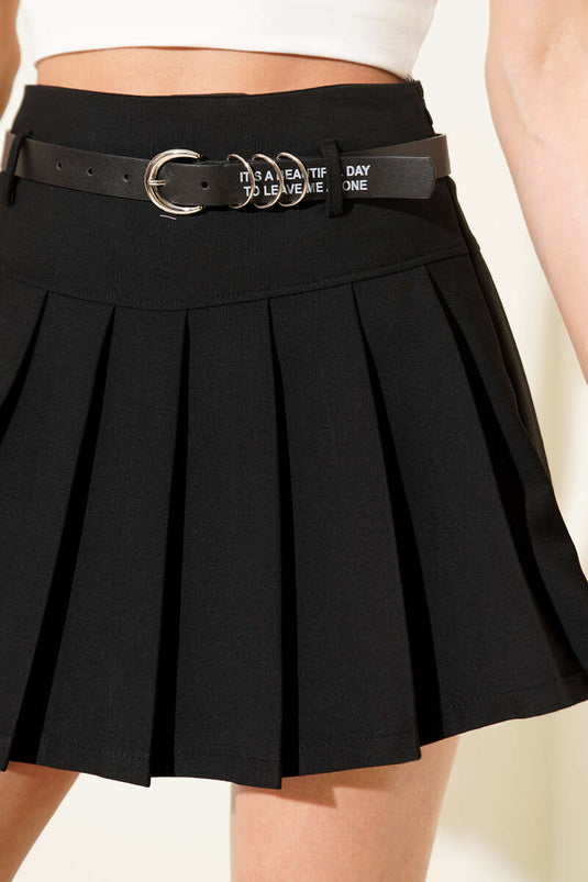 Kemerli Pileli Mini Etek Siyah