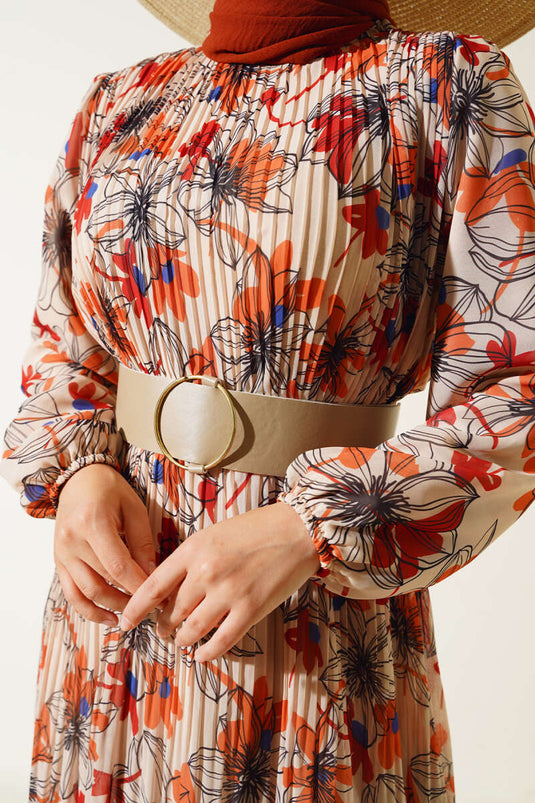 Robe En Mousseline Plissée Ceinturée Beige