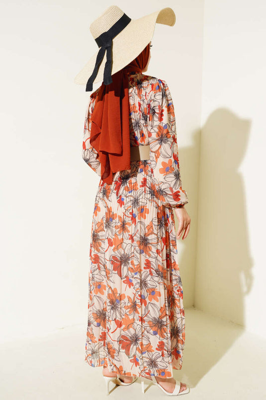 Robe En Mousseline Plissée Ceinturée Beige