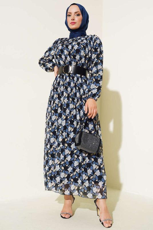 Kemerli Piliseli Şifon Elbise İndigo