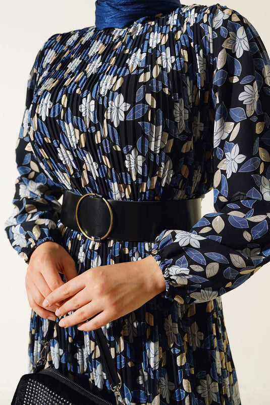 Indigo Belted Pleated Chiffon Dress